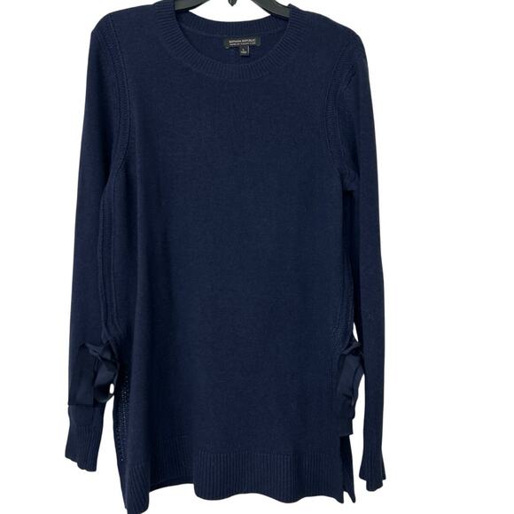 Banana Republic Italian Yarn Navy Blue Crewneck Tunic Sweater Crochet Bow Lrg - Picture 1 of 9